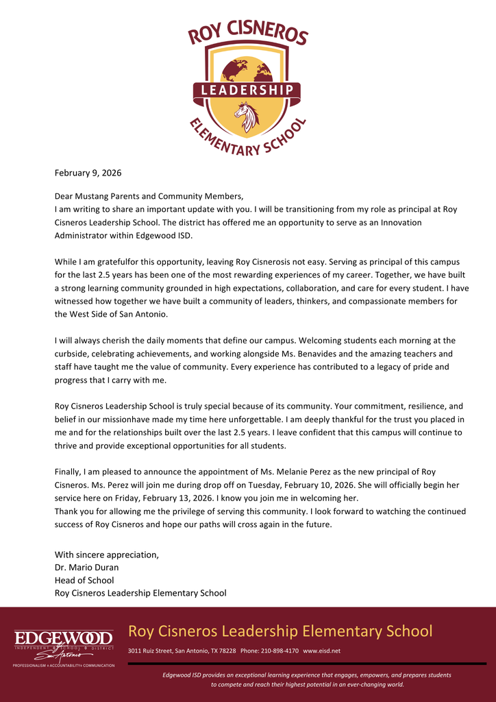 Letter to RCLS families from Dr. Duran regarding change in school leadership