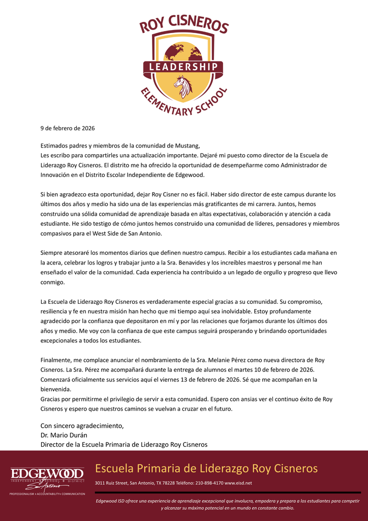 Carta del Dr. Duran a las familias de RCLS sobre el cambio en la dirección de la escuela.