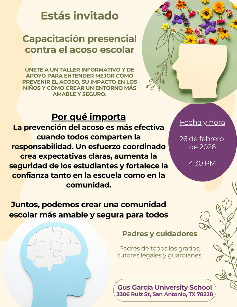 Join us! Anti-Bullying Training for Parents and Guardians February 26 at 4:30 PM Workshop is focused on understanding bullying, its impact on children, and how families and schools can prevent it. We hope to see you there!