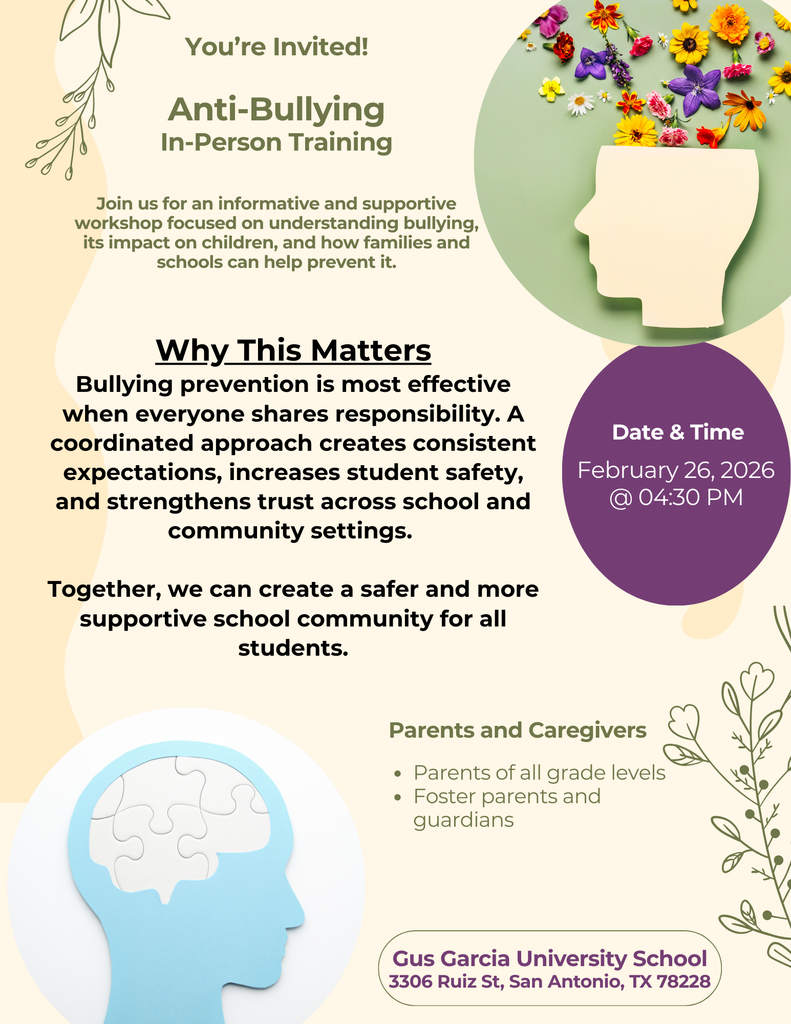Join us! Anti-Bullying Training for Parents and Guardians February 26 at 4:30 PM Workshop is focused on understanding bullying, its impact on children, and how families and schools can prevent it. We hope to see you there!