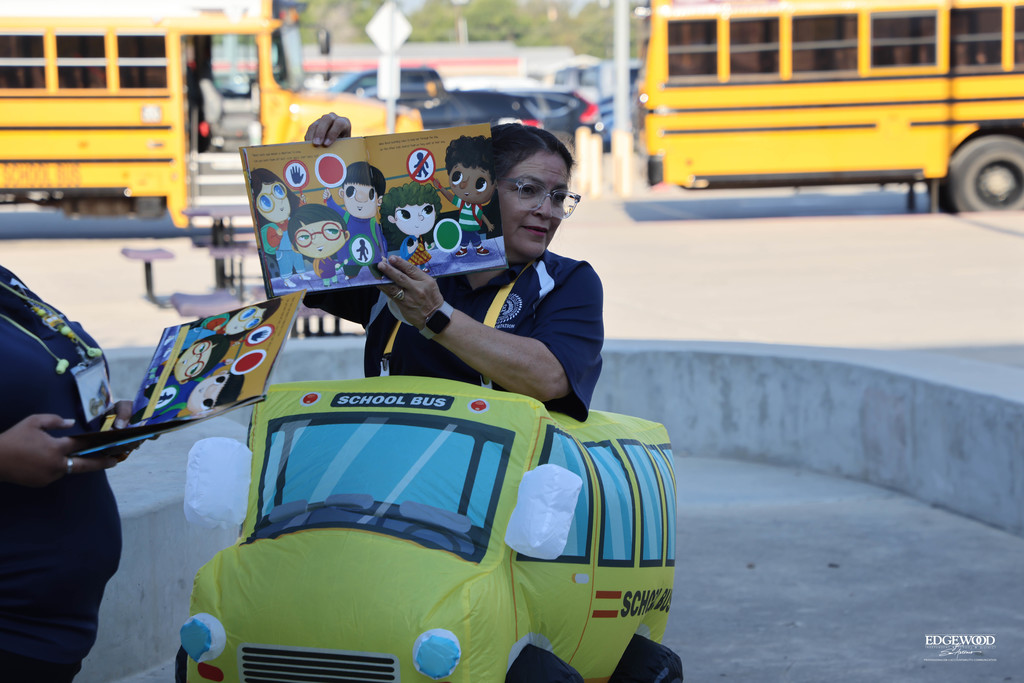 Edgewood ISD Bus drivers giving Perales STEAM Elementary quick tips for bus safety! IChooseEdgewood