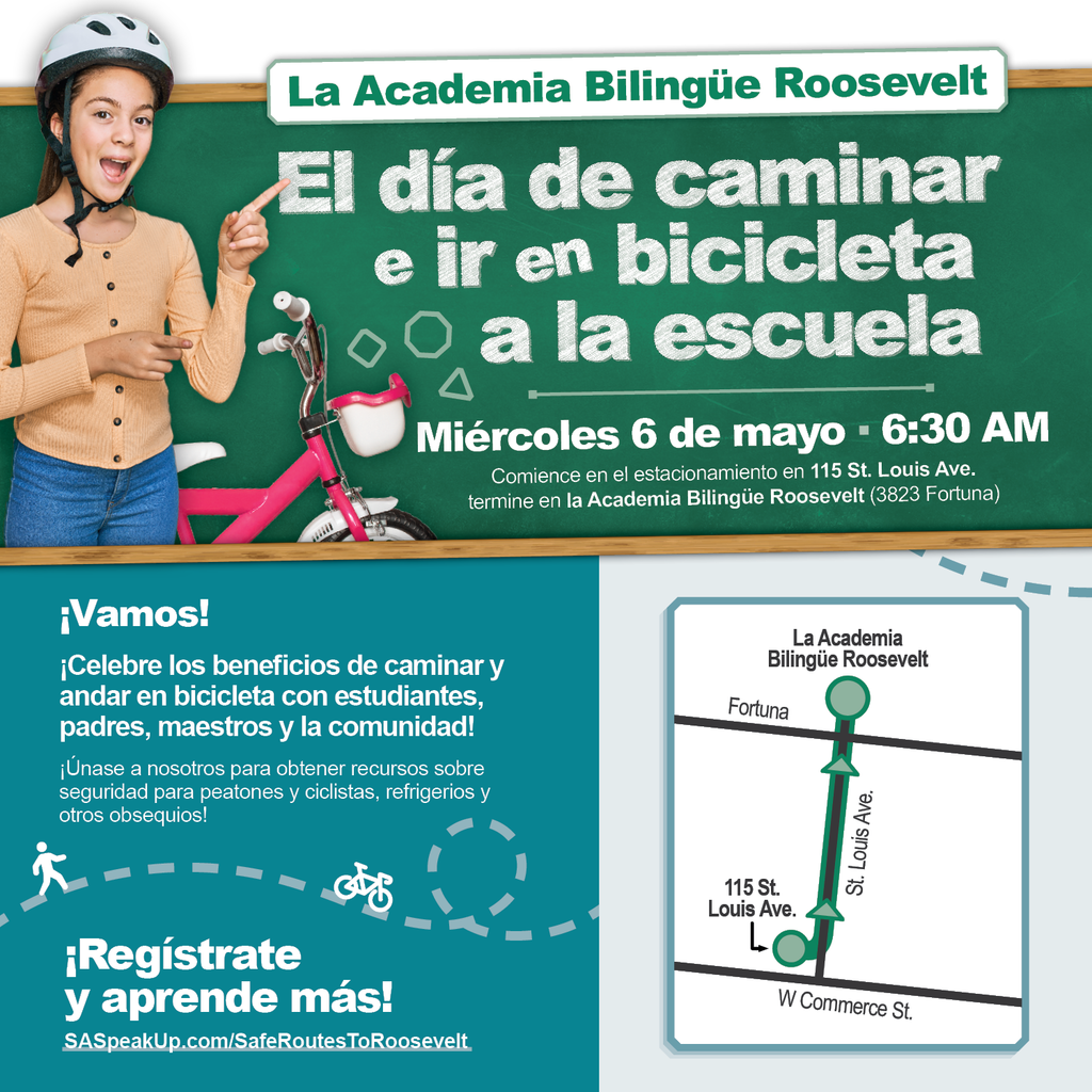 ¡A rodar, Roosevelt! Acompáñanos en el Día de Caminar y Andar en Bicicleta a la Escuela el miércoles 6 de mayo a las 6:30 a. m., cuando estudiantes, familias, personal y vecinos comienzan el día moviéndose juntos. ✅ Consejos de seguridad ✅ Refrigerios y obsequios ✅ Mucho espíritu escolar 🚲 Inscríbete y obtén más información: SASpeakUp.com/SafeRoutesToRoosevelt