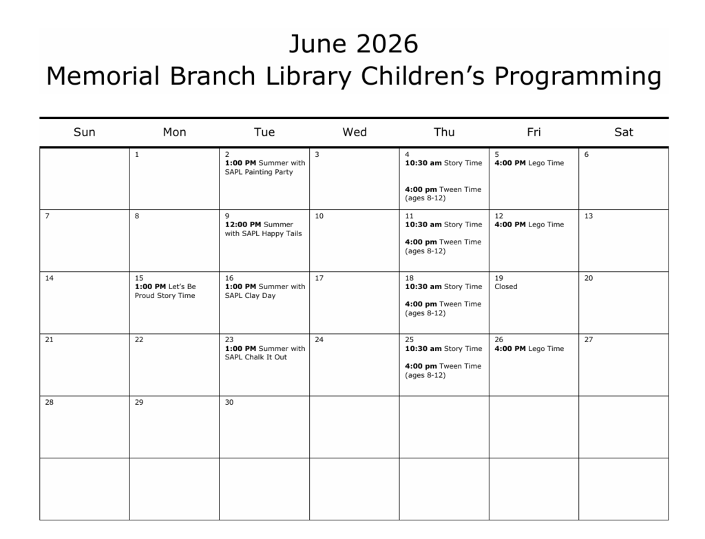 Memorial Branch Library Children's Programming June Calendar