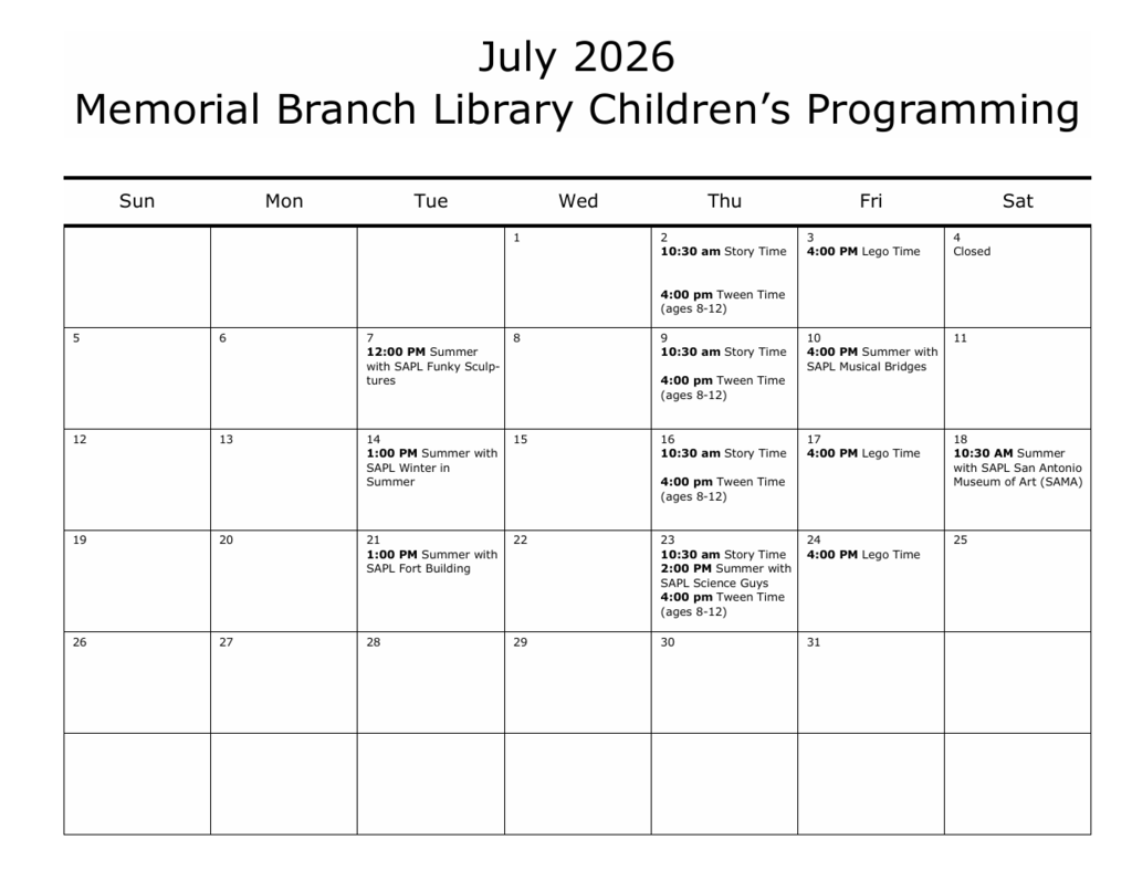 Memorial Branch Library Children's Programming July Calendar