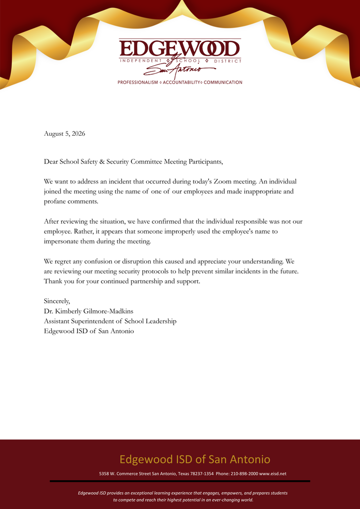 letter regarding incident on Zoom meeting