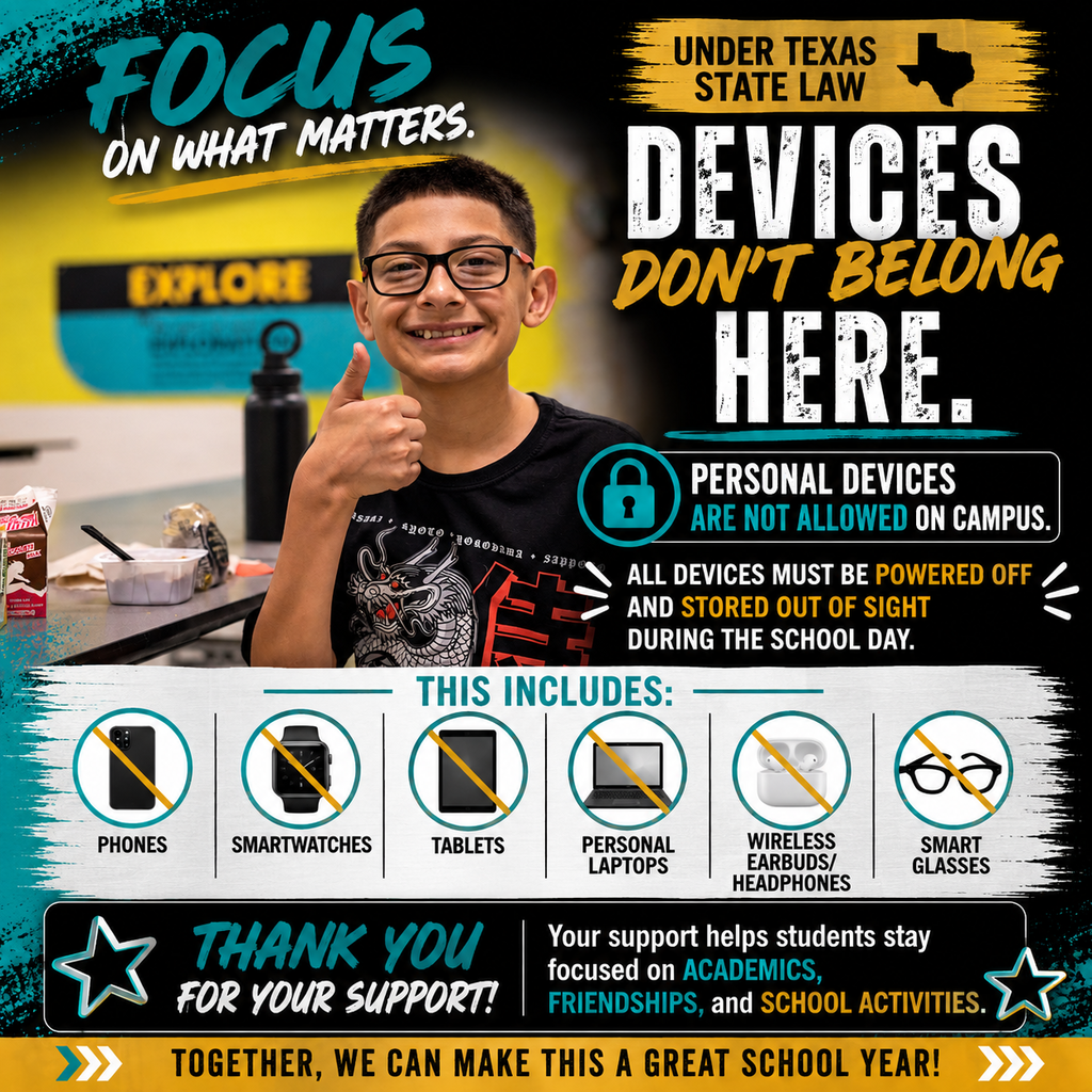Copilot said:  Thanks for helping students start the year strong! 📚 Reminder: Phones, smartwatches, tablets, personal laptops, earbuds/headphones, and smart glasses must be powered off and out of sight during the school day. Your support helps keep the focus on learning.