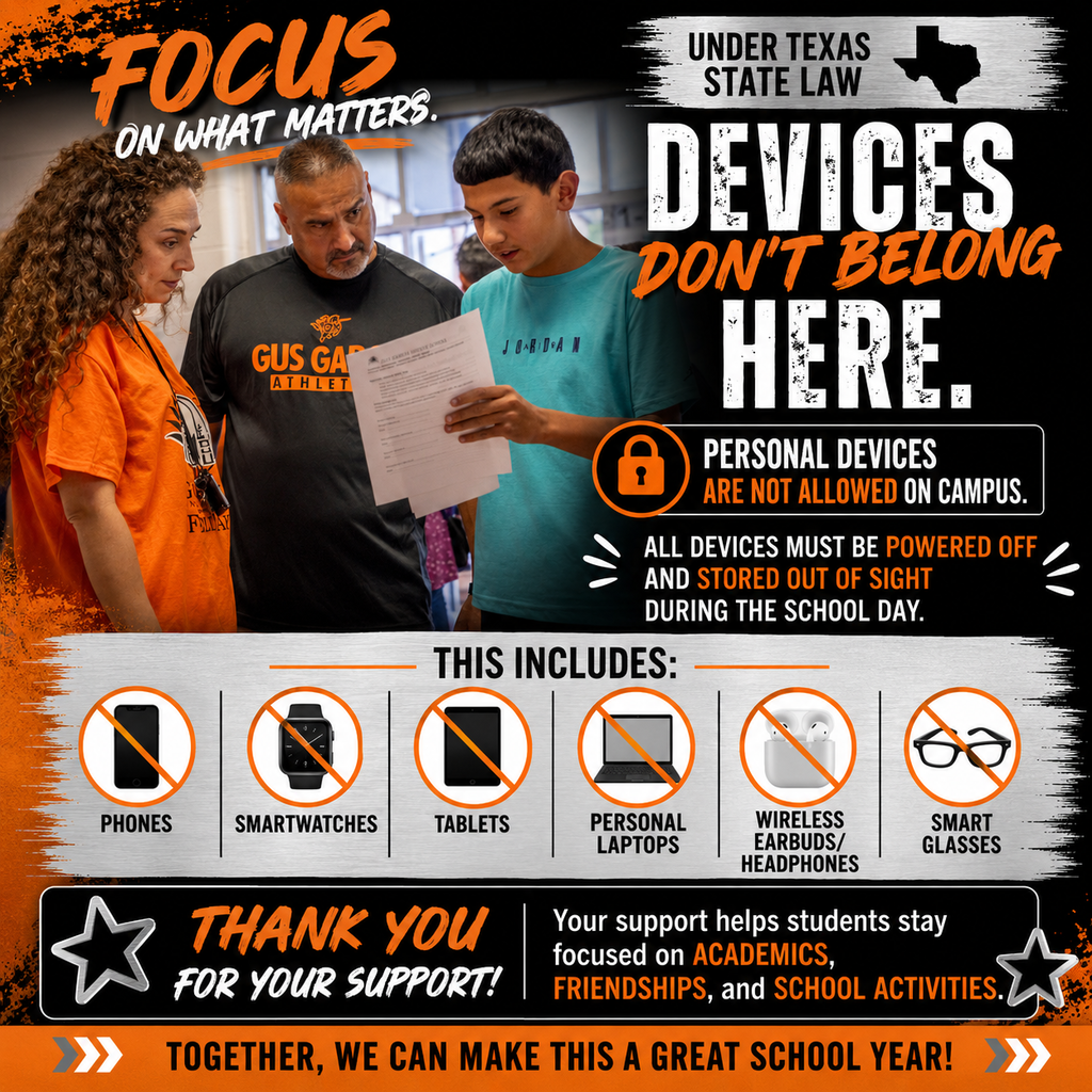 Copilot said: Thanks for helping students start the year strong! 📚 Reminder: Phones, smartwatches, tablets, personal laptops, earbuds/headphones, and smart glasses must be powered off and out of sight during the school day. Your support helps keep the focus on learning.