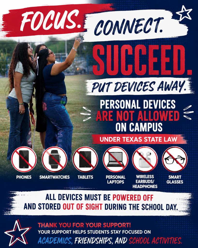 Copilot said: Thanks for helping students start the year strong! 📚 Reminder: Phones, smartwatches, tablets, personal laptops, earbuds/headphones, and smart glasses must be powered off and out of sight during the school day. Your support helps keep the focus on learning.