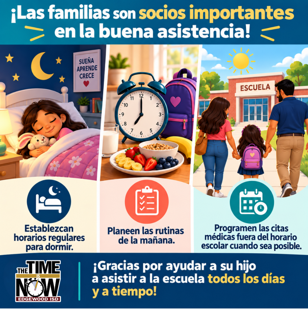 ¡Gracias, familias, por ayudar a nuestros estudiantes a llegar listos para aprender! 218 Thank you, families, for helping our students arrive ready to learn! Maintaining consistent sleep schedules and planning ahead can make a big difference in school attendance.