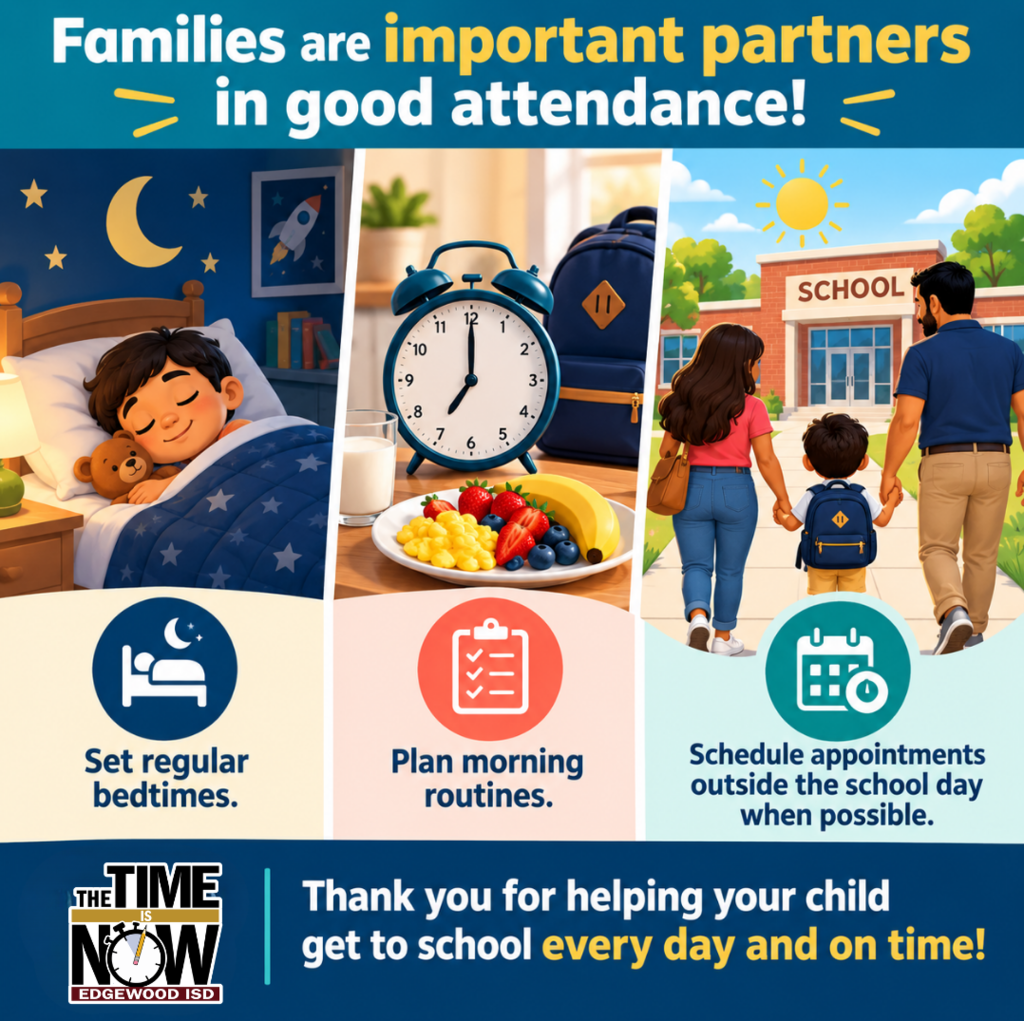 ¡Gracias, familias, por ayudar a nuestros estudiantes a llegar listos para aprender! Mantener horarios consistentes para dormir y planificar con anticipación, pueden marcar una gran diferencia en la asistencia escolar.