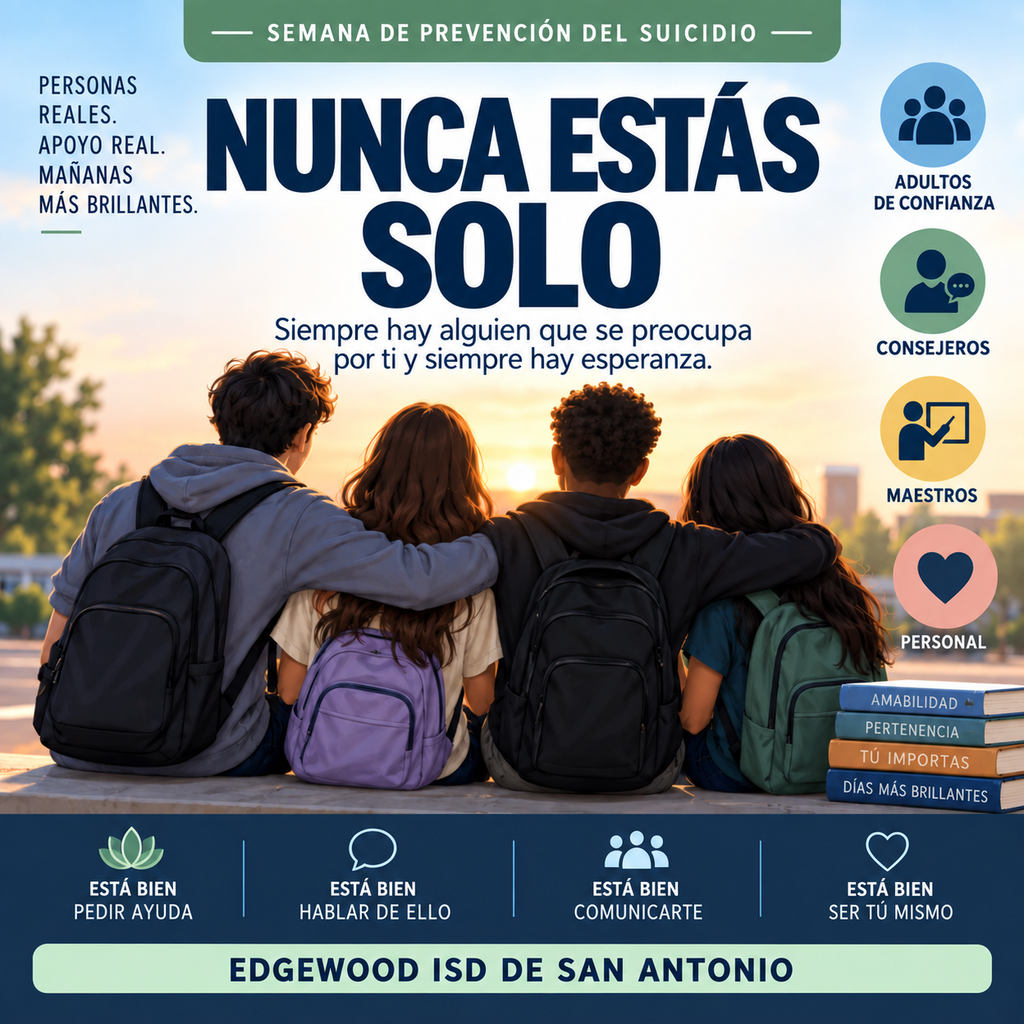 No cargues con todo tú solo. Si necesitas hablar, tus maestros, consejeros y adultos de confianza están aquí para escucharte. Eres importante, cuentas con apoyo y nunca estás solo. #EstamosContigo