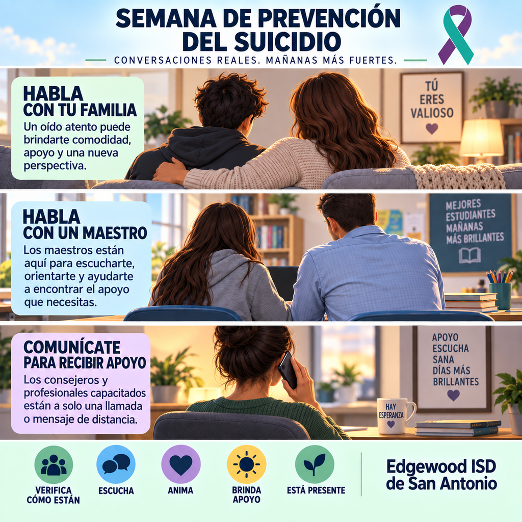 Una conversación sencilla puede marcar una gran diferencia. Pregúntale a un amigo cómo está, habla con alguien de confianza o contacta a un consejero cuando necesites apoyo. Cuidemos los unos de los otros y recordemos que nadie tiene que afrontar los desafíos en soledad.