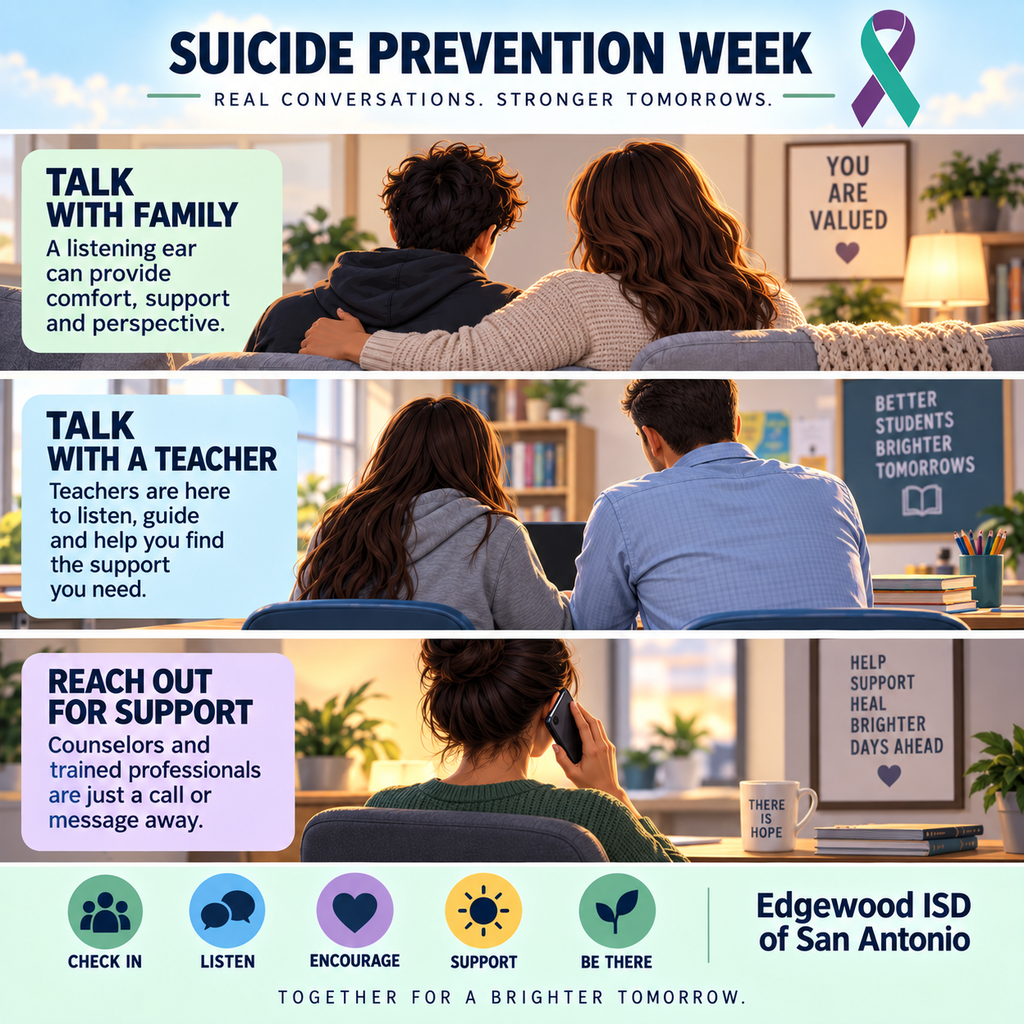 A simple conversation can make a big difference. Check in on a friend, talk with someone you trust, or connect with a counselor when you need support. Let's look out for one another and remind each other that no one has to face challenges alone.
