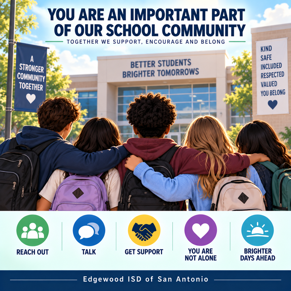 You are an important part of our school community. If you're having a tough day or just need someone to listen, reach out. Talk to a trusted adult, counselor, teacher, or friend. You don't have to go through it alone.