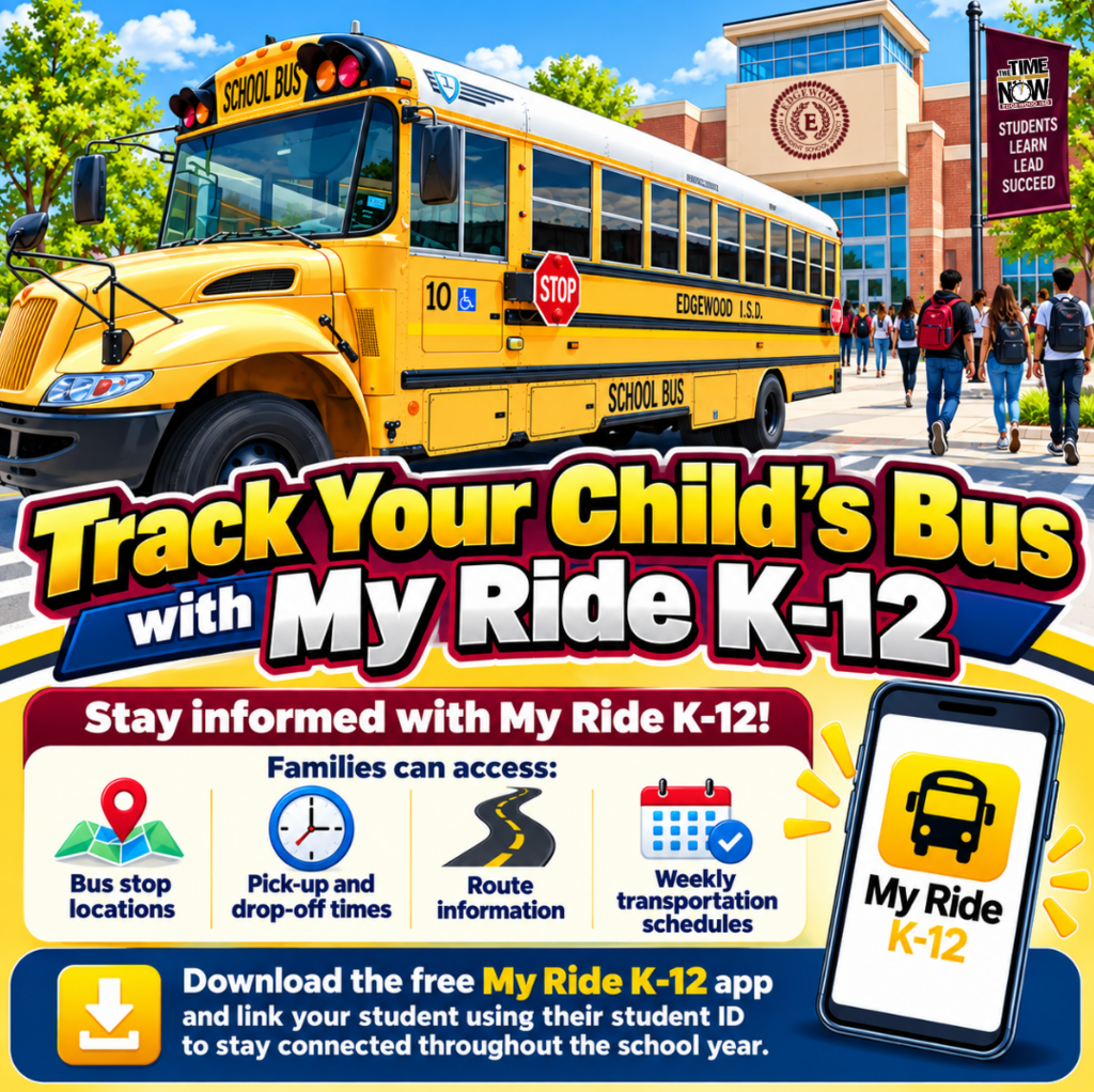 Track Your Child's Bus with My Ride K-12 Stay informed with My Ride K-12! Families can access:  Bus stop locations  Pick-up and drop-off times  Route information  Weekly transportation schedules Download the free My Ride K-12 app and link your student using their student ID to stay connected throughout the school year. 