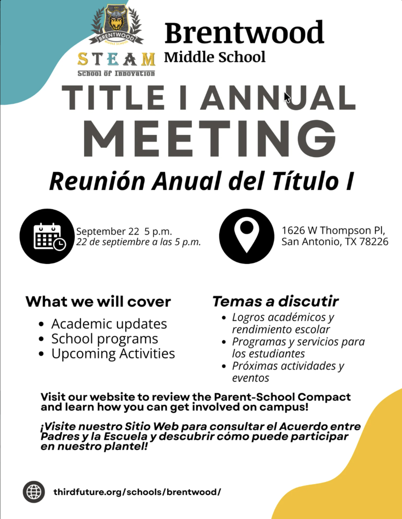 Join us for our Title I Annual Meeting on Sept. 22 at 5 p.m. at Brentwood Middle School. Learn about student progress, school programs, upcoming events and ways to get involved. We hope to see you there!