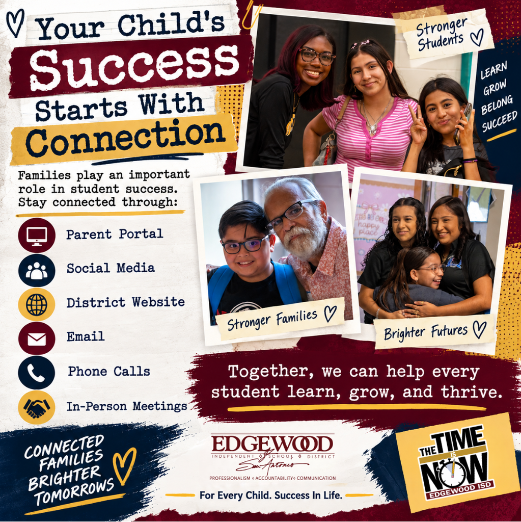 Your Child's Success Starts With Connection Families play an important role in student success. Stay connected through: 💻 Parent Portal 📱 Social Media 🌐 District Website 📧 Email 📞 Phone Calls 🤝 In-Person Meetings Together, we can help every student learn, grow, and thrive.