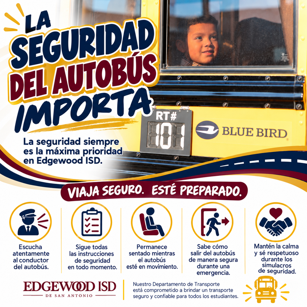 Safety is always the top priority at Edgewood ISD. Our transportation team works year-round to help ensure students are prepared for unexpected situations while riding the bus. From emergency evacuation procedures to safety drills and driver training, bus safety is an important part of protecting students every day. The Transportation Department is committed to providing safe and reliable transportation for all students.  Families can support bus safety by reminding students to: ✅ Listen carefully to the bus driver  ✅ Follow safety instructions at all times  ✅ Stay seated while the bus is moving  ✅ Know how to safely exit the bus during an emergency  ✅ Remain calm and respectful during safety drills Being prepared helps everyone stay safe. 