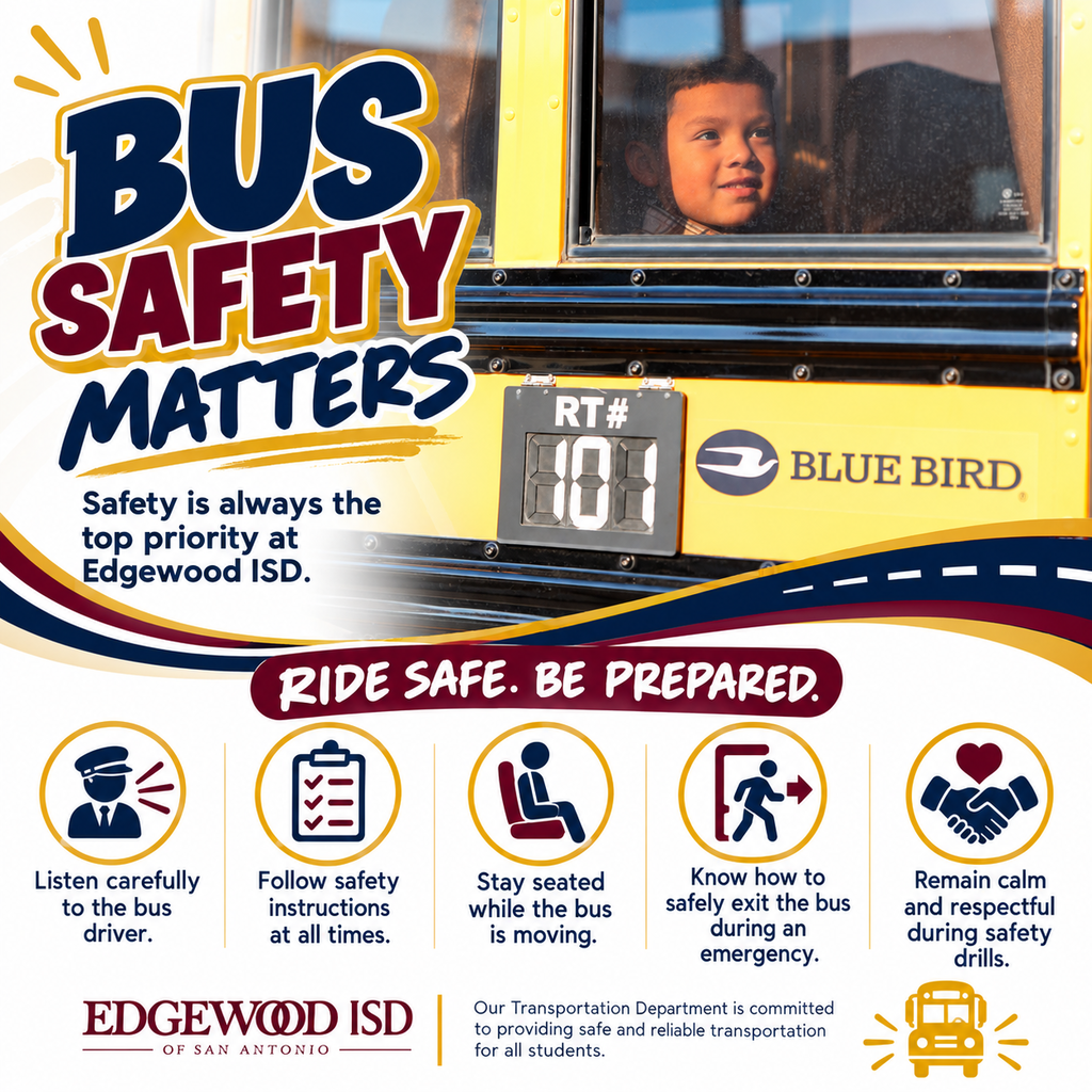 Safety is always the top priority at Edgewood ISD. Our transportation team works year-round to help ensure students are prepared for unexpected situations while riding the bus. From emergency evacuation procedures to safety drills and driver training, bus safety is an important part of protecting students every day. The Transportation Department is committed to providing safe and reliable transportation for all students.  Families can support bus safety by reminding students to: ✅ Listen carefully to the bus driver  ✅ Follow safety instructions at all times  ✅ Stay seated while the bus is moving  ✅ Know how to safely exit the bus during an emergency  ✅ Remain calm and respectful during safety drills Being prepared helps everyone stay safe. 