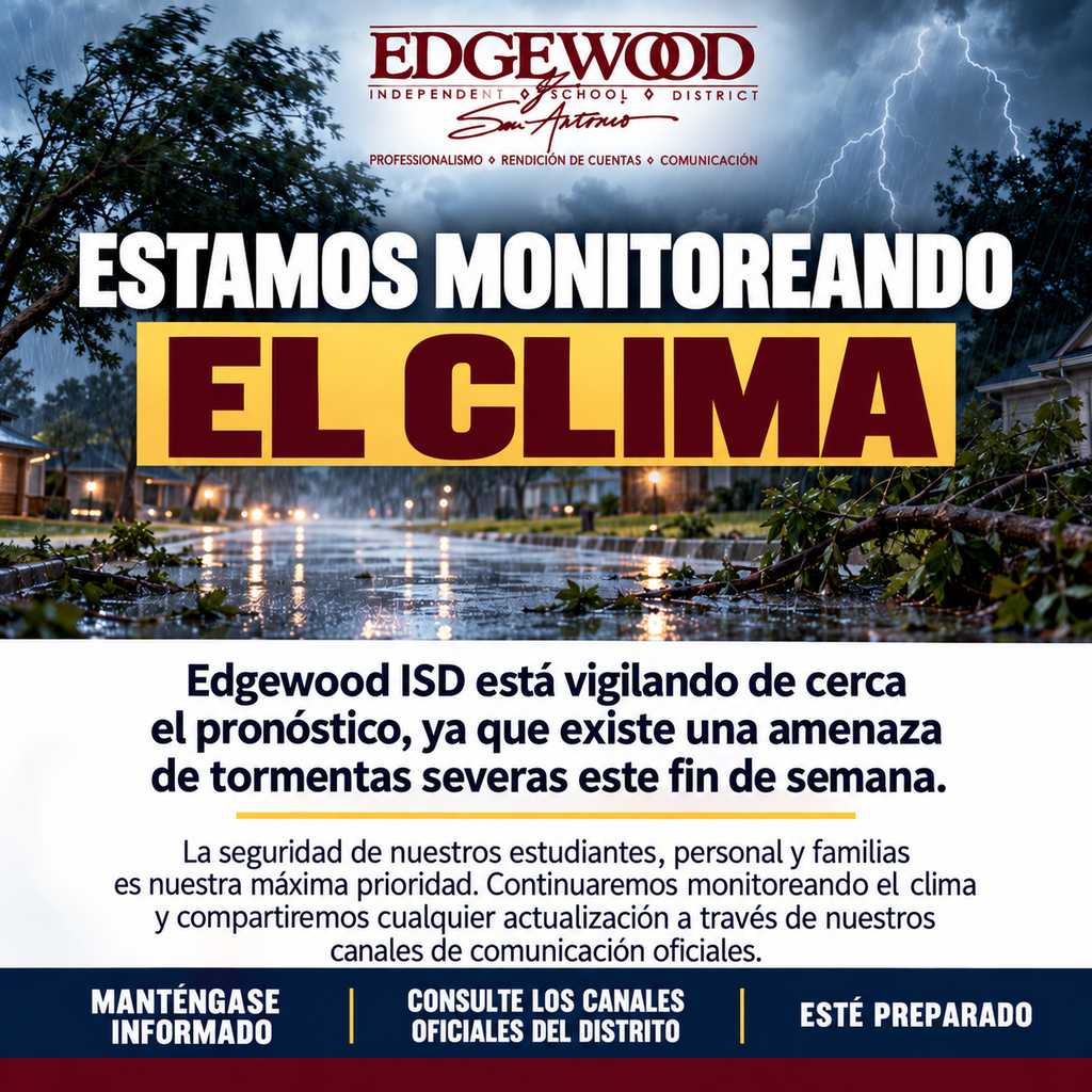 All district operations and scheduled activities remain on schedule at this time. Please monitor local weather reports and follow guidance from emergency management officials. EISD Police can be reached 24 hours a day at (210) 898-2025.