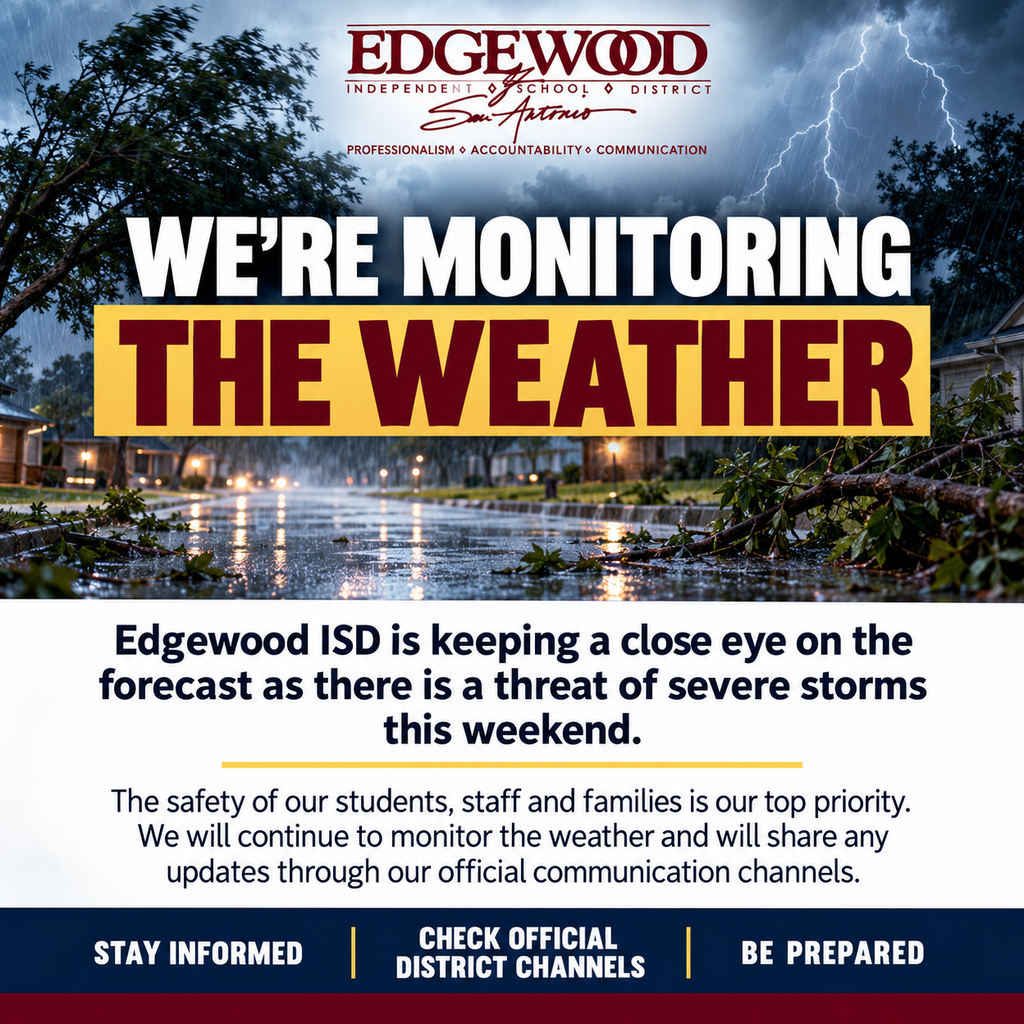All district operations and scheduled activities remain on schedule at this time. Please monitor local weather reports and follow guidance from emergency management officials. EISD Police can be reached 24 hours a day at (210) 898-2025.