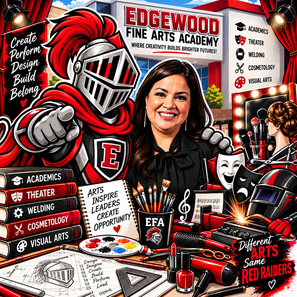 Benavides and mascot cartoon