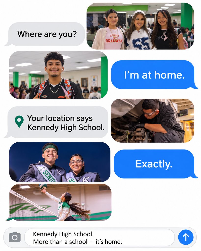 JFK "I'm home" text message graphic with photos