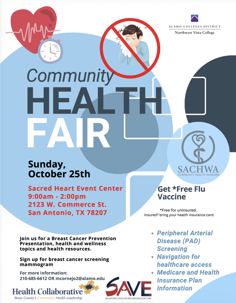 Your health matters! Save the date for a FREE Community Health Fair featuring health screenings, wellness resources and more! 📅 Sunday, October 25, 2026 ⏰ 9 a.m. – 2 p.m. 📍 Sacred Heart Event Center 2123 W. Commerce St., San Antonio FREE flu vaccines, mammogram sign-ups, vascular screenings, breast cancer prevention and healthcare resources! Take charge of your health and make the most of these FREE community services! For more information, call 210-685-6612. 