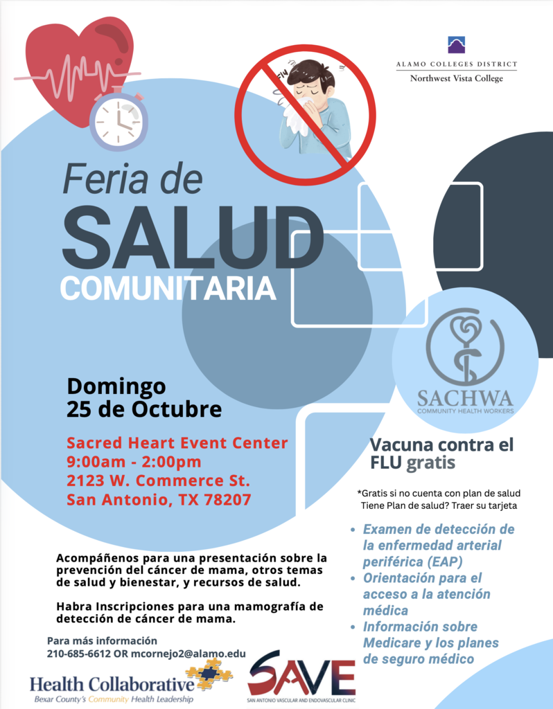 ¡Tu salud es importante! Acompáñanos a una Feria de Salud Comunitaria GRATUITA con exámenes de salud, recursos de bienestar y mucho más. 📅 Domingo, 25 de octubre de 2026 ⏰ 9 a.m. – 2 p.m. 📍 Sacred Heart Event Center 2123 W. Commerce St., San Antonio ¡Vacunas GRATIS contra la gripe, inscripción para mamografías, exámenes vasculares, prevención del cáncer de mama y recursos de atención médica! ¡Cuida tu salud y aprovecha estos servicios gratuitos para nuestra comunidad! Para más información, llama al 210-685-6612. 