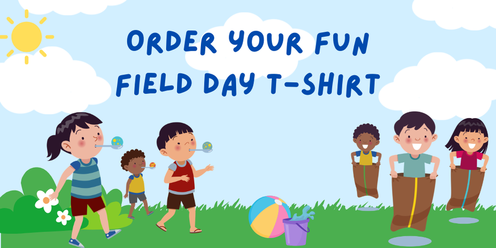 Field Day Shirt Order- Children playing outdoor activities, blue sky, green grass.