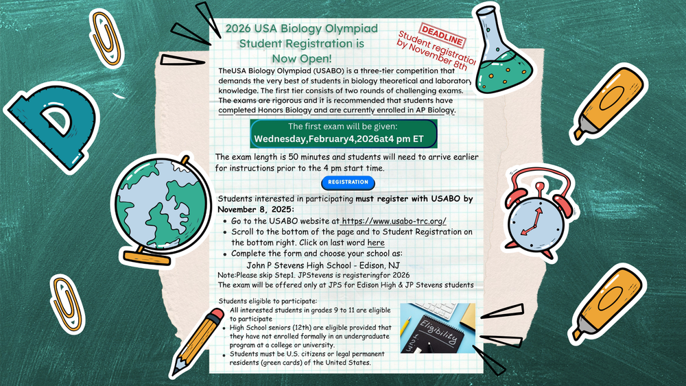 Registration for the 2026 USA Biology Olympiad is now open from now until Nov. 8th, 2025. For more information and to registration go to https://usabo-trc.org