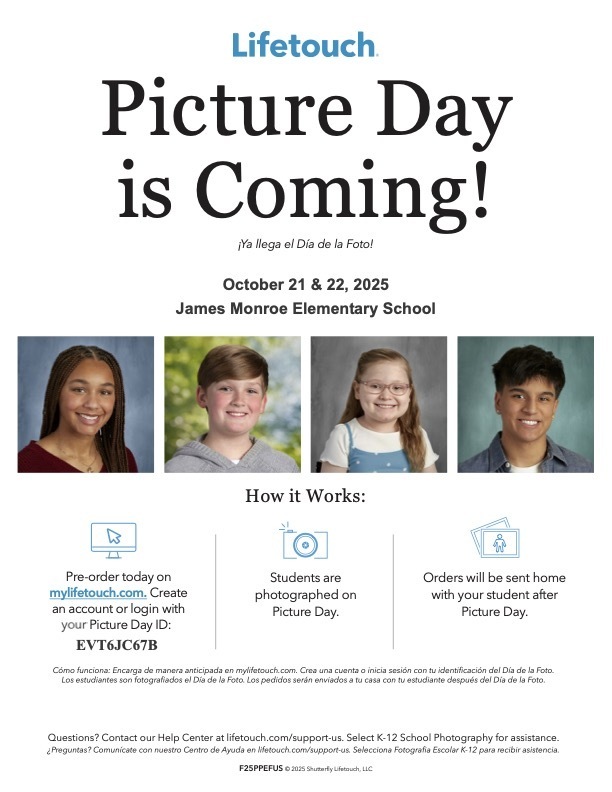 Picture day is coming! October 21 and 22, 2025, at James Monroe Elementary School. It has four images of children with a white background.