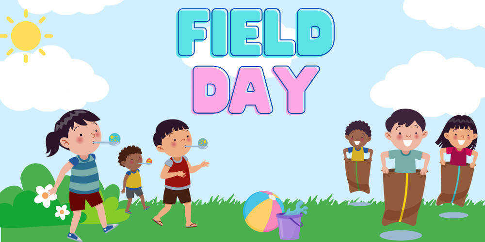 Field Day- Children playing outdoor activities, blue sky, green grass.