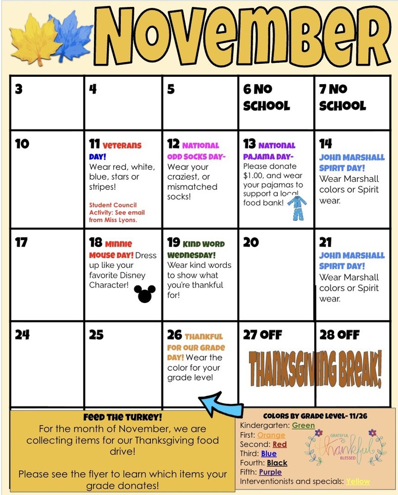 November Student Council Calendar