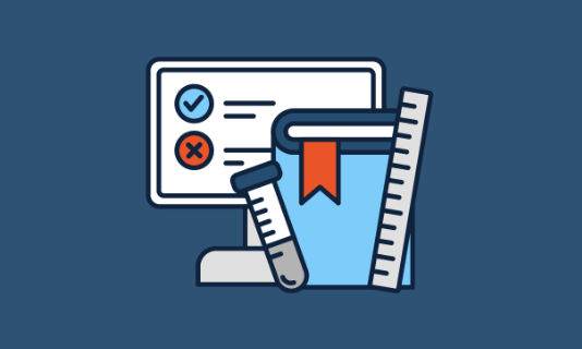 MON- NJSLA Testing with a blue background. The images include a test tube, ruler, computer, and book.