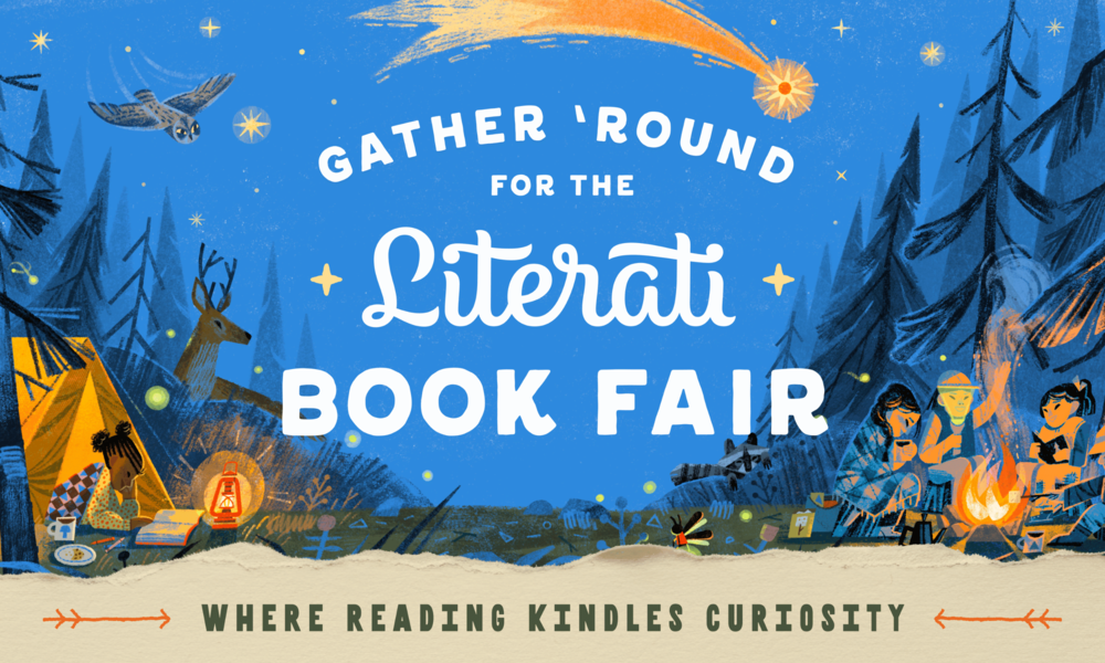 Book Fair- Campsite background- Text: Gather Round for the Literati Book Fair