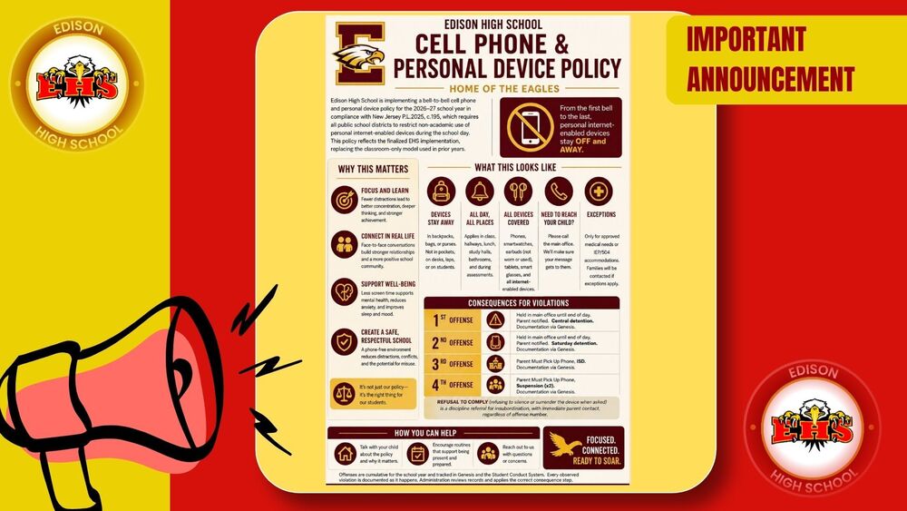 Important Reminder: Cell Phone/Electronic Device Policy  Dear School Community,  Please be advised that our Cell Phone/Electronic Device Policy is now in effect.  We ask all students and families to take time to review the policy carefully to ensure that everyone understands the expectations regarding the use of cell phones and other electronic devices during the school day.  Students are expected to follow the policy consistently while at school. Your cooperation and support are essential in helping us maintain a learning environment that promotes focus, engagement, responsibility, and academic success.  Thank you to our students, families, faculty, and staff for your continued support and partnership.