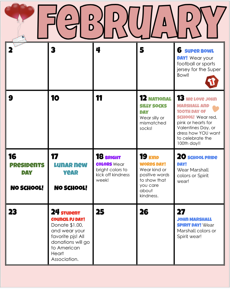 February Student Council Calendar