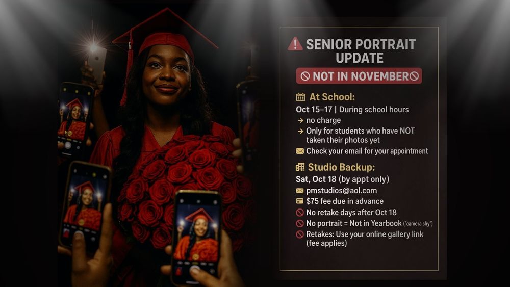 Class of 2026! Senior portraits are happening SOONER than expected—not in November, but October 15–18! 🗓️ October 15–17 (at school) ✔️ FREE portraits for students who haven’t taken theirs yet 📧 Check your email for your scheduled appointment time 🏢 October 18 (studio option) 📍 If you miss the school dates, contact pmstudiosnj@aol.com with your full name, student ID, and best contact number 💵 $75 fee (paid in advance) to hold your studio appointment 🚫 No retake days after October 18 📕 If you don’t take your portrait, you won’t appear in the yearbook and will be listed as “camera shy” 🔁 Already took your photo but want a retake? Go to your online photo gallery (link emailed to you) to register. Retake fees apply. 💛 #SeniorPortraits #ClassOf2026 #YearbookReady #DontMissOut