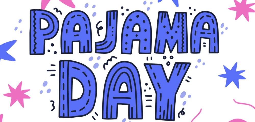 Pajama Day banner with blue lettering and blue and pink stars