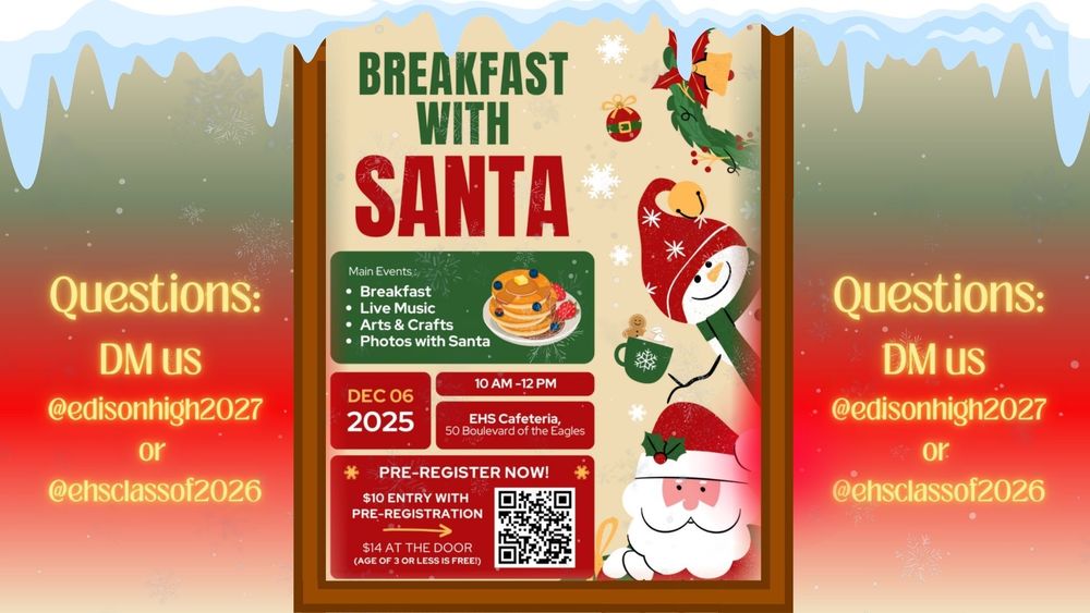Join us for a magical morning of fun and holiday cheer! π
Date: December 6th π Time: 10 AM β 12 PM π Location: Edison High School Cafeteria 50 Blvd of the Eagles, Edison, NJ π Enjoy: π₯ A delicious breakfast πΆ Live music π¨ Arts & crafts πΈ Photos with Santa himself! ποΈ Admission: Children 3 and under β FREE $10 with pre-registration $14 at the door π Click the link: https://tinyurl.com/mpwzk6b5 to pre-register and save! π¬ Questions? DM us @edisonhigh2027 or @ehsclassof2026 β¨ Come hungry, come merry, and bring your holiday spirit! β¨