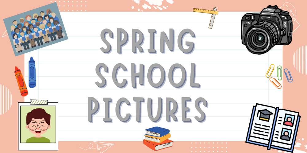 School Spring Pictures announcement- pink and white background, various camera and photos