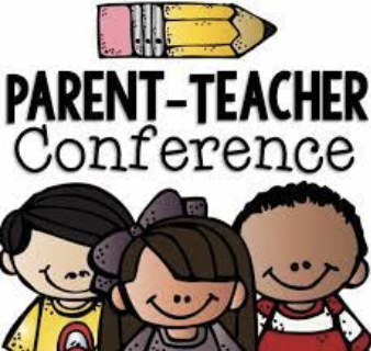 Parent-Teacher Conferences image with a white background, black lettering, and iamges of a pencil and three little children, two boys and one girl.