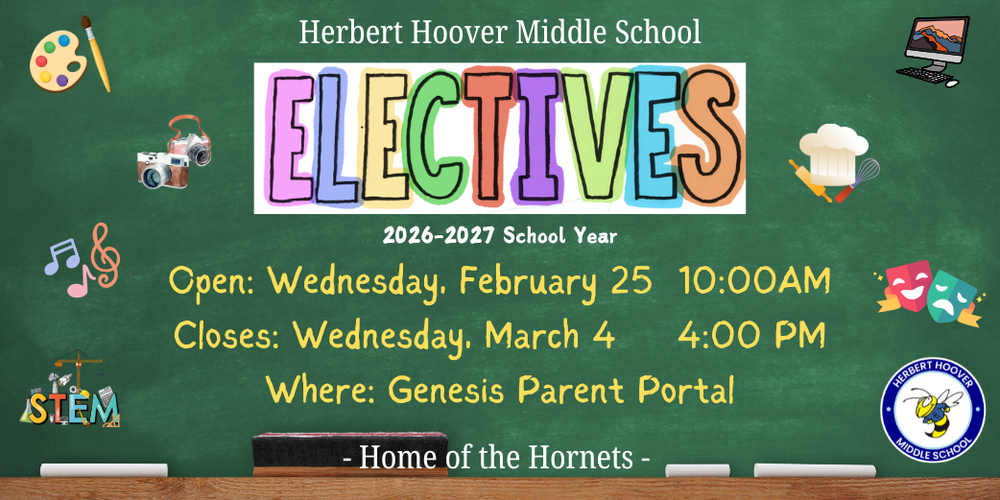 Elective scheduling next year will begin on Wednesday, February 25 at 10:00AM and close on Wednesday, March 4 on the Genesis Parent Portal
