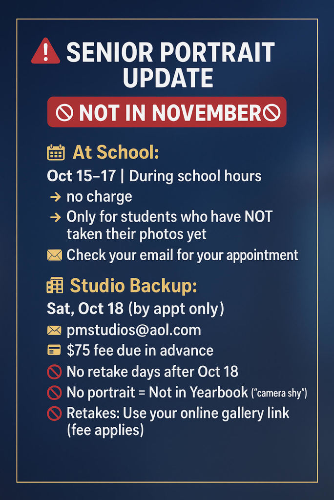 Class of 2026! Senior portraits are happening SOONER than expectedβnot in November, but October 15β18! ποΈ October 15β17 (at school) βοΈ FREE portraits for students who havenβt taken theirs yet π§ Check your email for your scheduled appointment time π’ October 18 (studio option) π If you miss the school dates, contact pmstudiosnj@aol.com with your full name, student ID, and best contact number π΅ $75 fee (paid in advance) to hold your studio appointment π« No retake days after October 18 π If you donβt take your portrait, you wonβt appear in the yearbook and will be listed as βcamera shyβ π Already took your photo but want a retake? Go to your online photo gallery (link emailed to you) to register. Retake fees apply. π #SeniorPortraits #ClassOf2026 #YearbookReady #DontMissOut