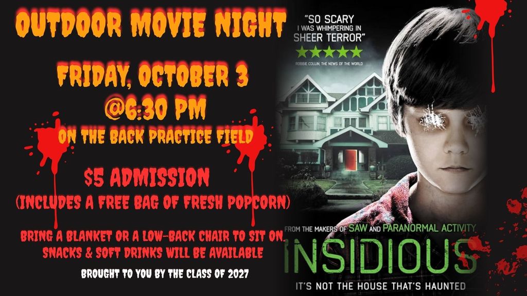 π¬β¨ Outdoor Movie Night Alert! β¨π¬ The Class of 2027 is hosting an Outdoor Movie Night on Friday, October 3rd, @ 6:30 PM on the back practice field! ποΈ Admission: $5 πΏ Includes a FREE bag of freshly popped popcorn π₯€ Soft drinks & snacks available for purchase πͺ Bring a blanket or low-back chair and settle in for a great night under the stars! #OutdoorMovieNight #ClassOf2027 #FallVibes #PopcornAndChill #SchoolSpirit