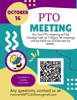 PTO Meeting tonight October 16 at 7:00 PM on Zoom