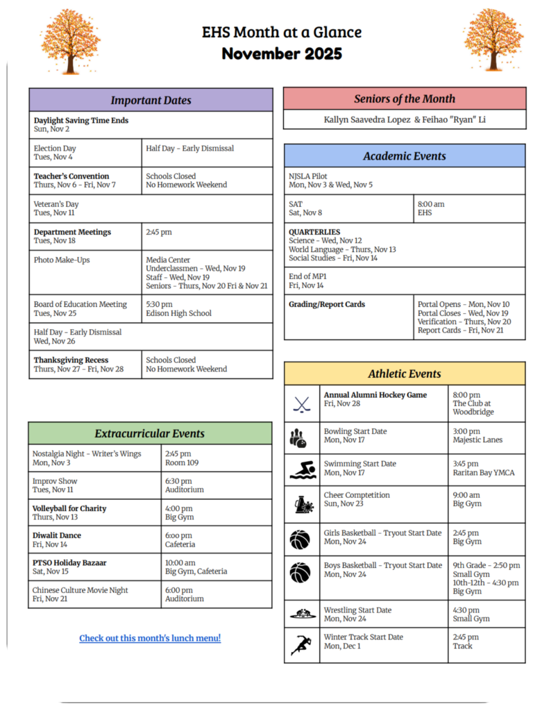 The November Month at a Glance Calendar is now AVAILABLE! Don't wait to see what's GREAT about Edison High School.