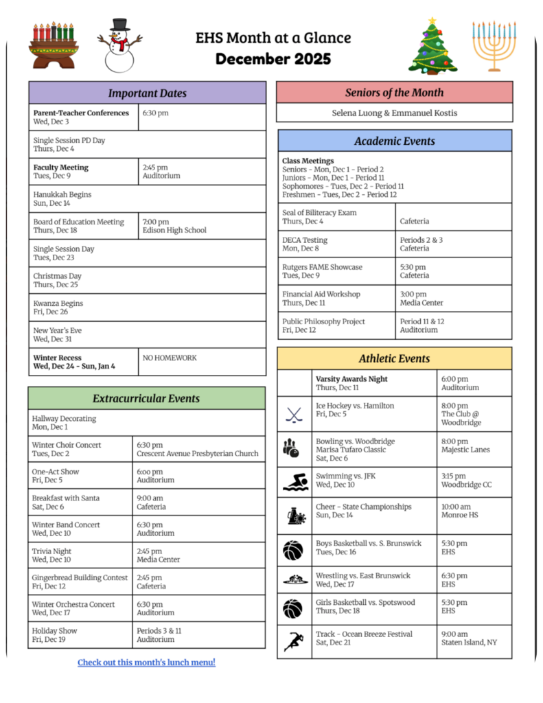 The December Month at a Glance Calendar is now AVAILABLE! Don't wait to see what's GREAT about Edison High School.