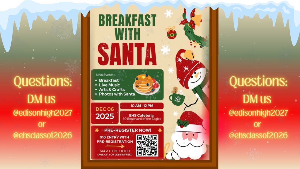🎅✨ Breakfast with Santa! ✨🎅 Join us for a magical morning of fun and holiday cheer! 📅 Date: December 6th 🕙 Time: 10 AM – 12 PM 📍 Location: Edison High School Cafeteria 50 Blvd of the Eagles, Edison, NJ 🎄 Enjoy: 🥞 A delicious breakfast 🎶 Live music 🎨 Arts & crafts 📸 Photos with Santa himself! 🎟️ Admission: Children 3 and under – FREE $10 with pre-registration $14 at the door 👉 Click the link: https://tinyurl.com/mpwzk6b5 to pre-register and save! 💬 Questions? DM us @edisonhigh2027 or @ehsclassof2026 ✨ Come hungry, come merry, and bring your holiday spirit! ✨
